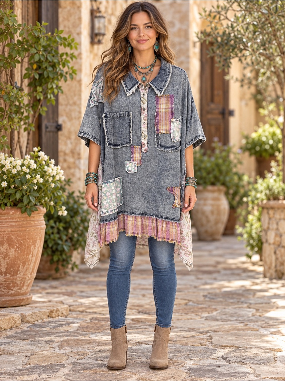H166 Nwt Blue Velvet L ptp26 Boho Patchwork Denim Tunic Top or Dress